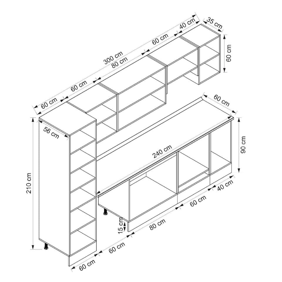 Alvinka 300X210 Cm High Gloss Mutfak Dolabı Mb-E80B60S40-1 High Gloss | Beyaz - Mdf