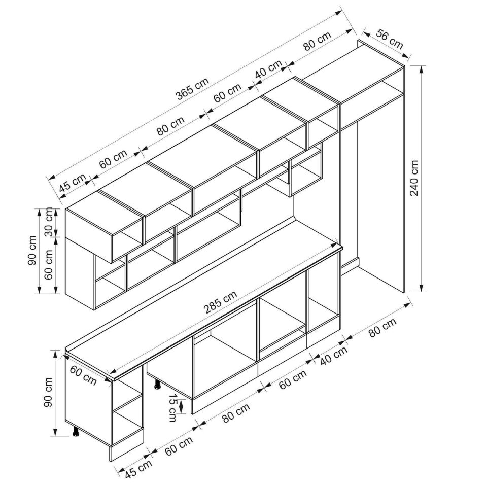 Alvinka 365X240 Cm Klasik Mebran Mutfak Dolabı Beyaz Beyaz Mb-E80S45S40-1
