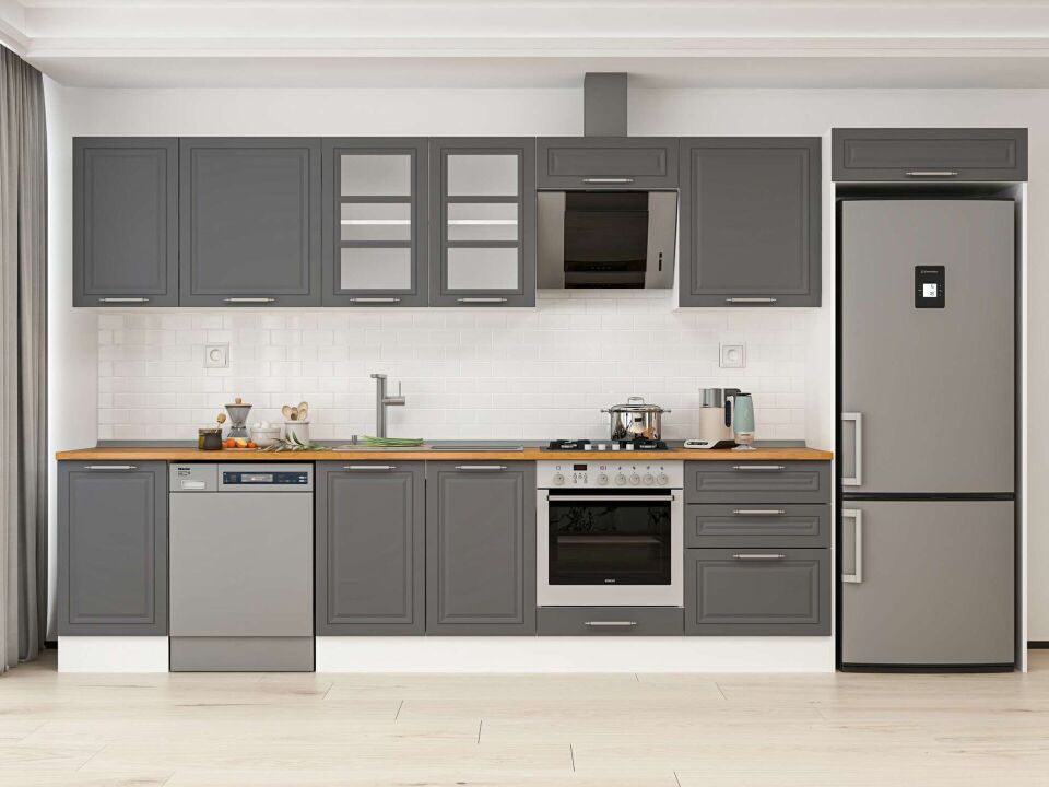 Alvinka 385X222 Cm Klasik Mebran Mutfak Dolabı Mb-E80S45S60-3 Mebran | Antrasit - Mdf
