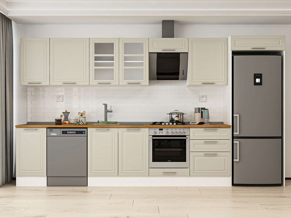 Alvinka 385X222 Cm Klasik Mebran Mutfak Dolabı Mb-E80S45S60-3 Mebran | Kumtaşı - Mdf