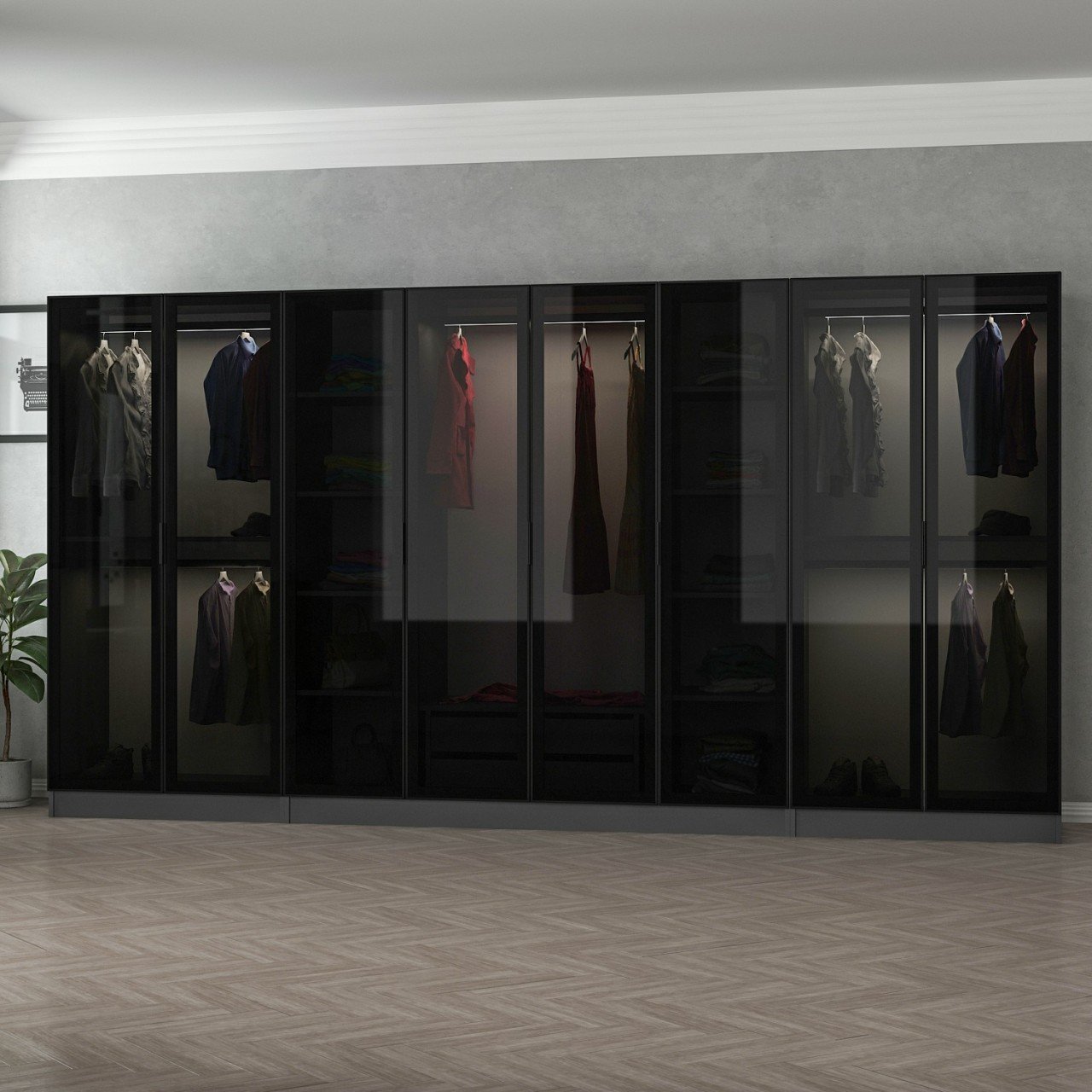 Minar Kale 8 Cam Kapaklı 2 Çekmeceli Dolap - Antrasit/Siyah 210CM