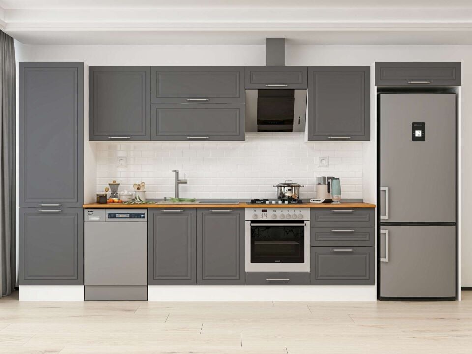 Alvinka 410X222 Cm Klasik Mebran Mutfak Dolabı Mbb-E90B60S60-2 Mebran | Antrasit - Mdf