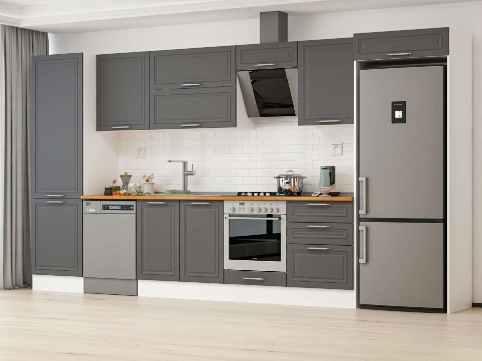 Alvinka 410X222 Cm Klasik Mebran Mutfak Dolabı Mbb-E90B60S60-2 Mebran | Antrasit - Mdf