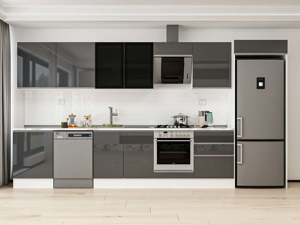 Alvinka 410X222 Cm High Gloss Mutfak Dolabı Mb-E90S60S60-3 High Gloss | Antrasit - Mdf