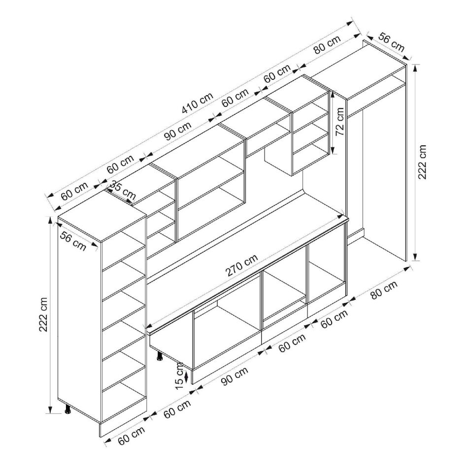 Alvinka 410X222 Cm Klasik Mebran Mutfak Dolabı Mbb-E90B60S60-3 Mebran | Antrasit - Suntalam