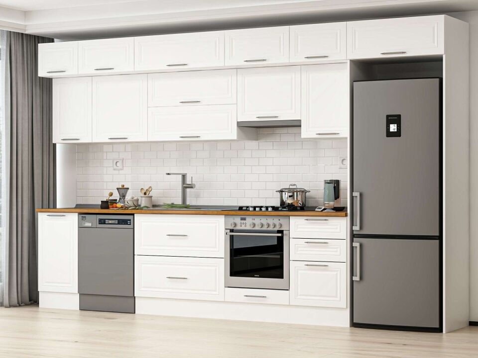 Alvinka 375X240 Cm Klasik Mebran Mutfak Dolabı Beyaz Beyaz Mb-E80S45S50-1