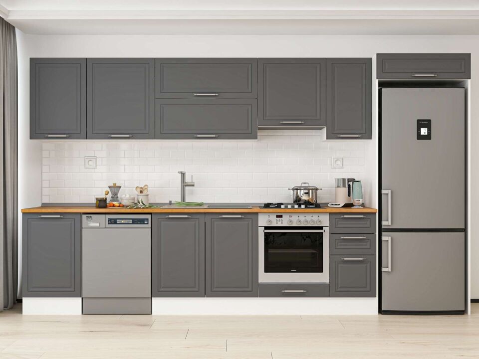 Alvinka 370X222 Cm Klasik Mebran Mutfak Dolabı Mb-E80S50S40-1 Mebran | Antrasit - Mdf