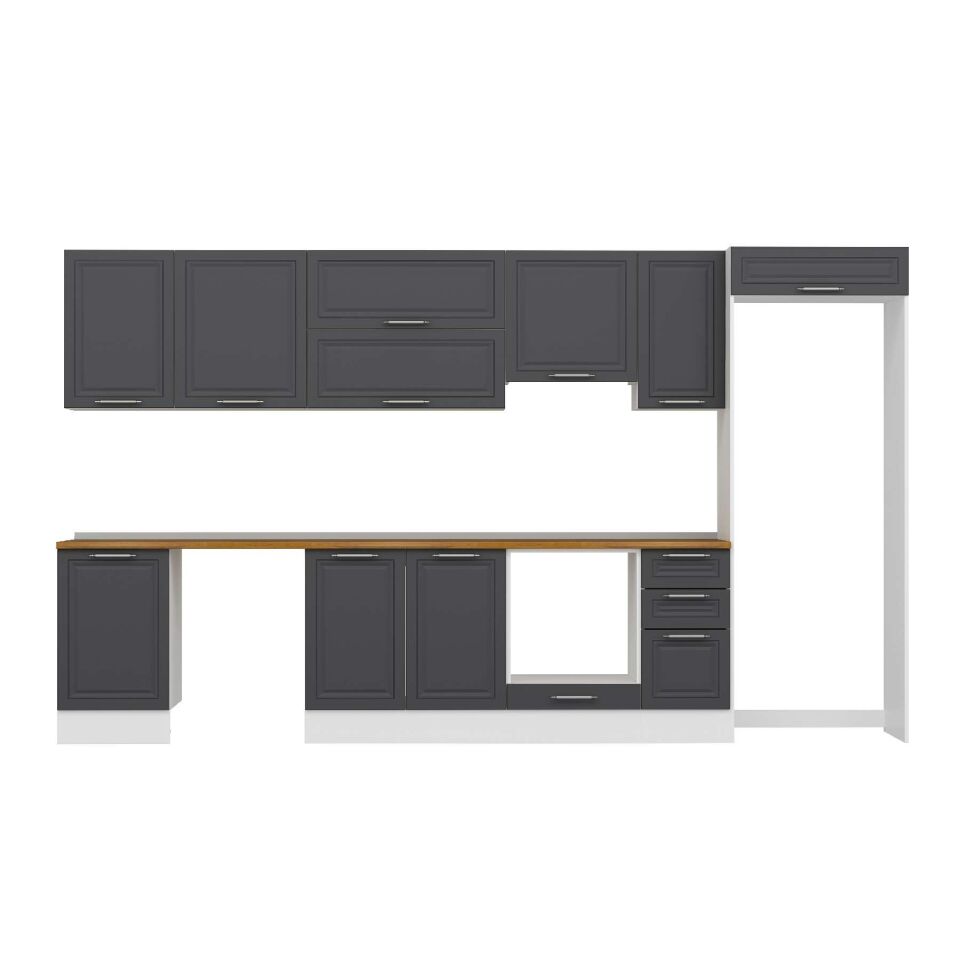 Alvinka 370X222 Cm Klasik Mebran Mutfak Dolabı Mb-E80S50S40-1 Mebran | Antrasit - Mdf