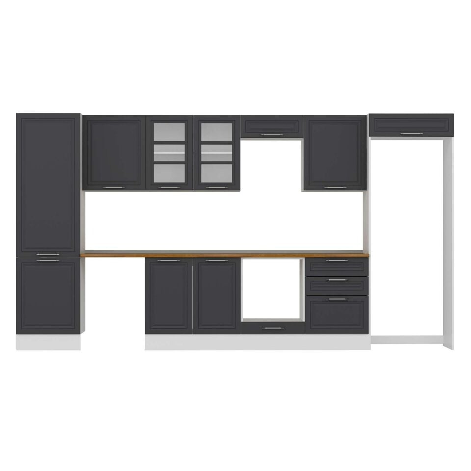 Alvinka 410X222 Cm Klasik Mebran Mutfak Dolabı Mbb-E90B60S60-3 Mebran | Antrasit - Mdf