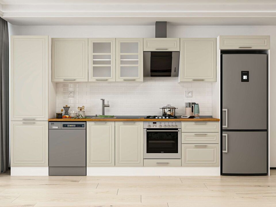 Alvinka 410X222 Cm Klasik Mebran Mutfak Dolabı Mbb-E90B60S60-3 Mebran | Kumtaşı - Mdf