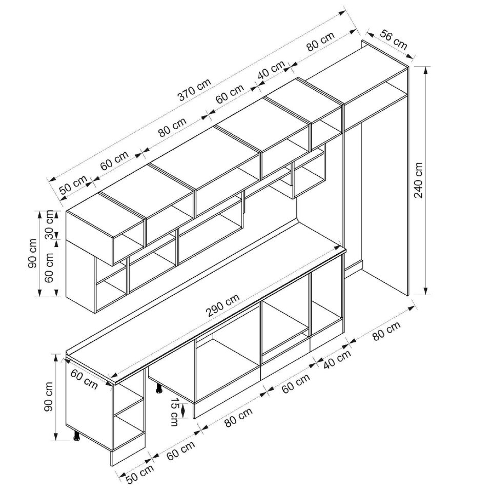 Alvinka 370X240 Cm Klasik Mebran Mutfak Dolabı Beyaz Beyaz Mb-E80S50S40-1