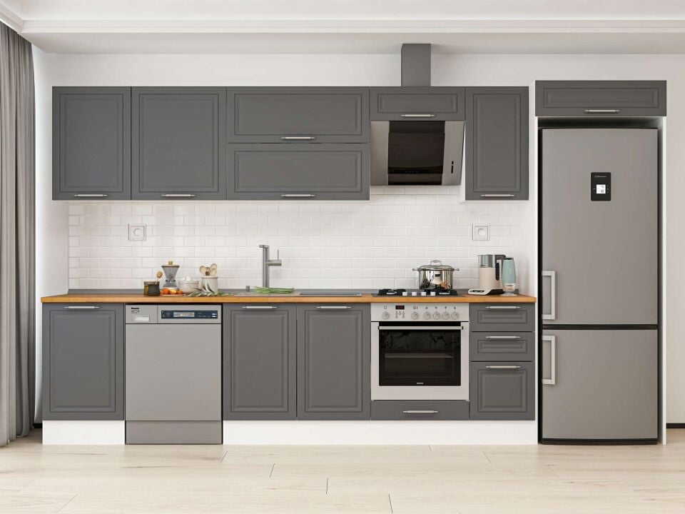 Alvinka 370X222 Cm Klasik Mebran Mutfak Dolabı Mb-E80S50S40-2 Mebran | Antrasit - Mdf
