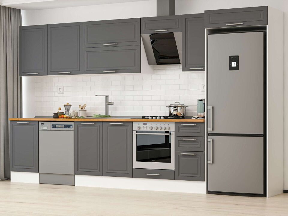 Alvinka 370X222 Cm Klasik Mebran Mutfak Dolabı Mb-E80S50S40-2 Mebran | Antrasit - Mdf