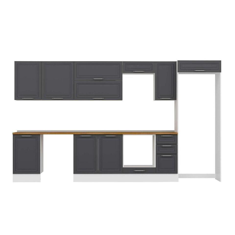 Alvinka 370X222 Cm Klasik Mebran Mutfak Dolabı Mb-E80S50S40-2 Mebran | Antrasit - Mdf