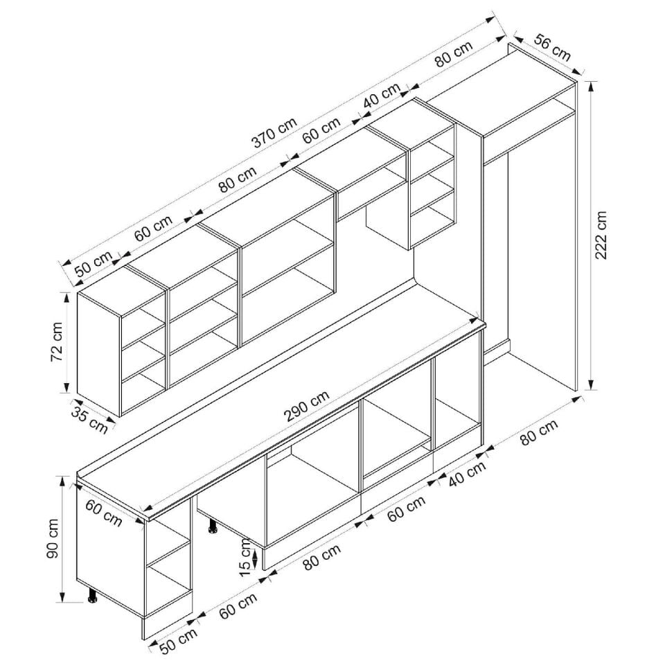 Alvinka 370X222 Cm Klasik Mebran Mutfak Dolabı Mb-E80S50S40-2 Mebran | Antrasit - Mdf