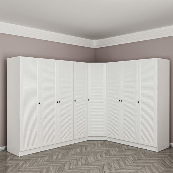 Minar Kale 8 Kapaklı 4 Çekmeceli Köşe Dolap Beyaz Mebran Panjur