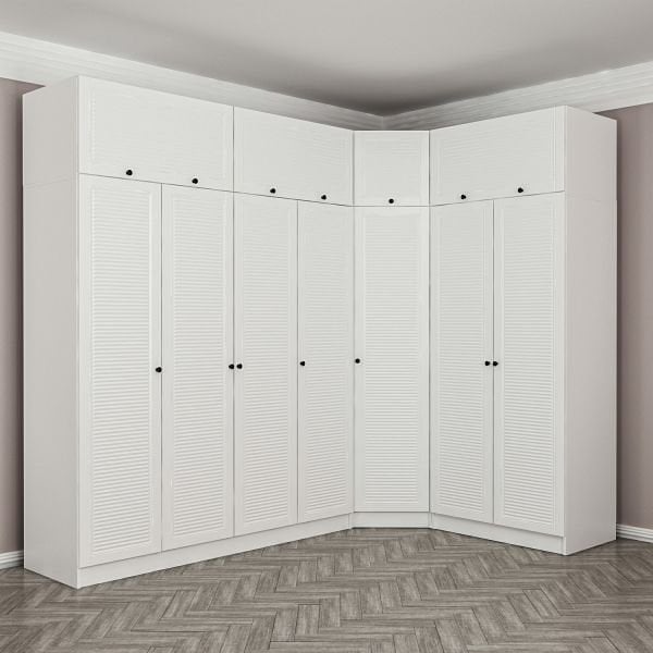 Minar Kale 7 Kapaklı 2 Ç Köşe Dolap + Yüklük Beyaz Mebran Panjur