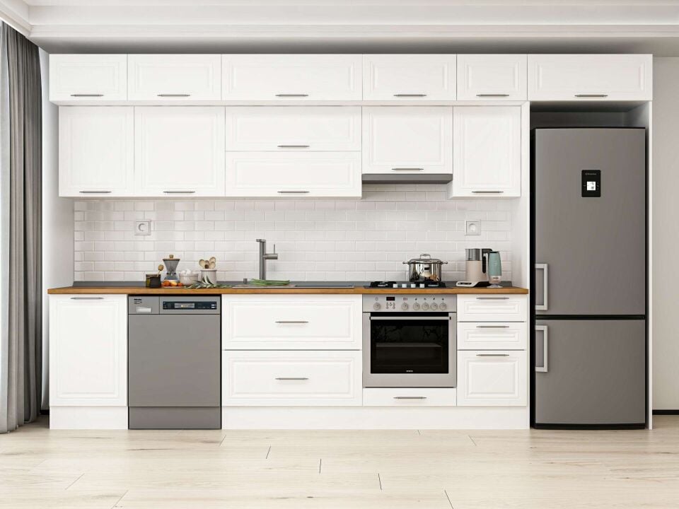 Alvinka 375X240 Cm Klasik Mebran Mutfak Dolabı Beyaz Beyaz Mb-E80S50S45-1