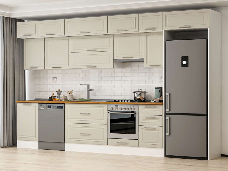 Alvinka 375X240 Cm Klasik Mebran Mutfak Dolabı Beyaz Beyaz Mb-E80S50S45-1