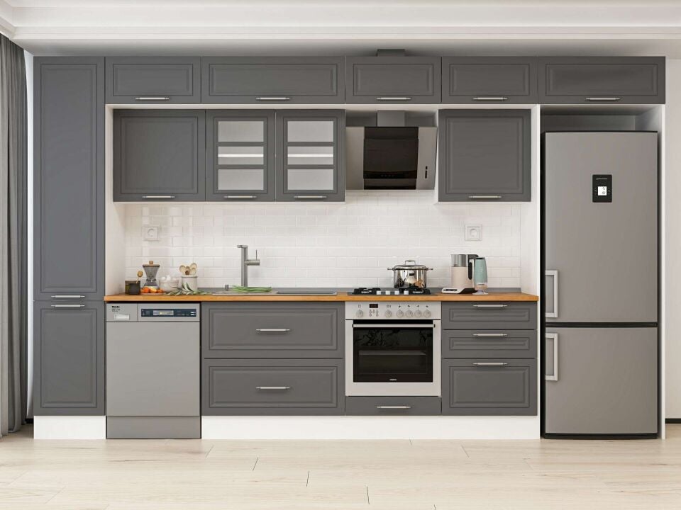 Alvinka 395X240 Cm Klasik Mebran Mutfak Dolabı Mbb-E90B45S60-3 Mebran | Antrasit - Mdf