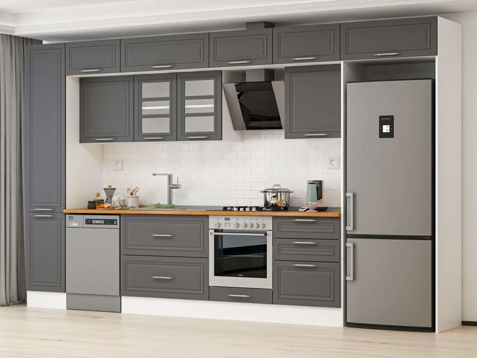 Alvinka 395X240 Cm Klasik Mebran Mutfak Dolabı Mbb-E90B45S60-3 Mebran | Antrasit - Mdf