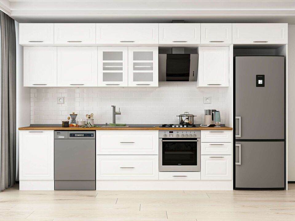 Alvinka 375X240 Cm Klasik Mebran Mutfak Dolabı Beyaz Beyaz Mb-E80S50S45-3