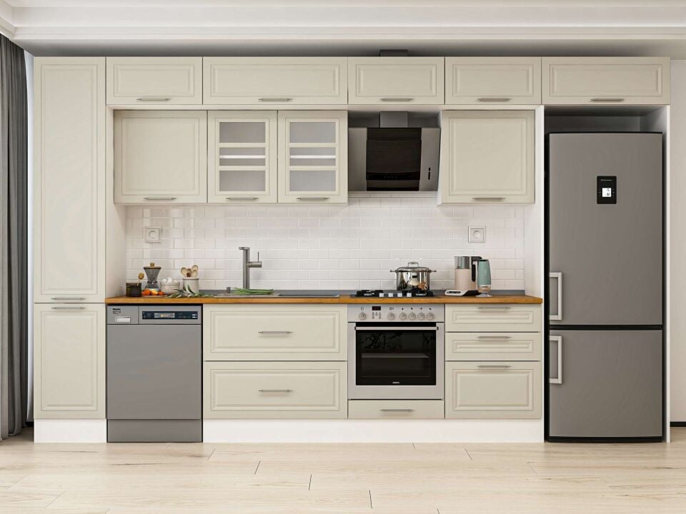 Alvinka 395X240 Cm Klasik Mebran Mutfak Dolabı Mbb-E90B45S60-3 Mebran | Kumtaşı - Mdf