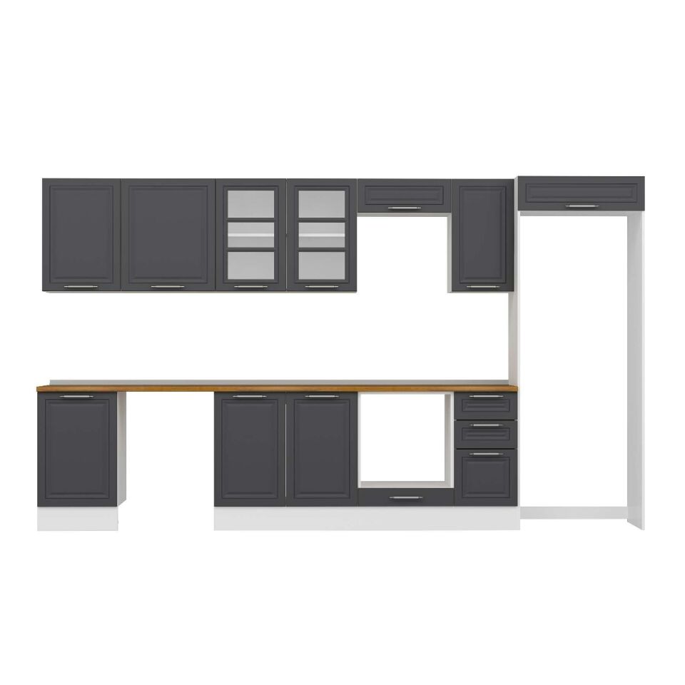 Alvinka 370X222 Cm Klasik Mebran Mutfak Dolabı Mb-E80S50S40-3 Mebran | Antrasit - Mdf