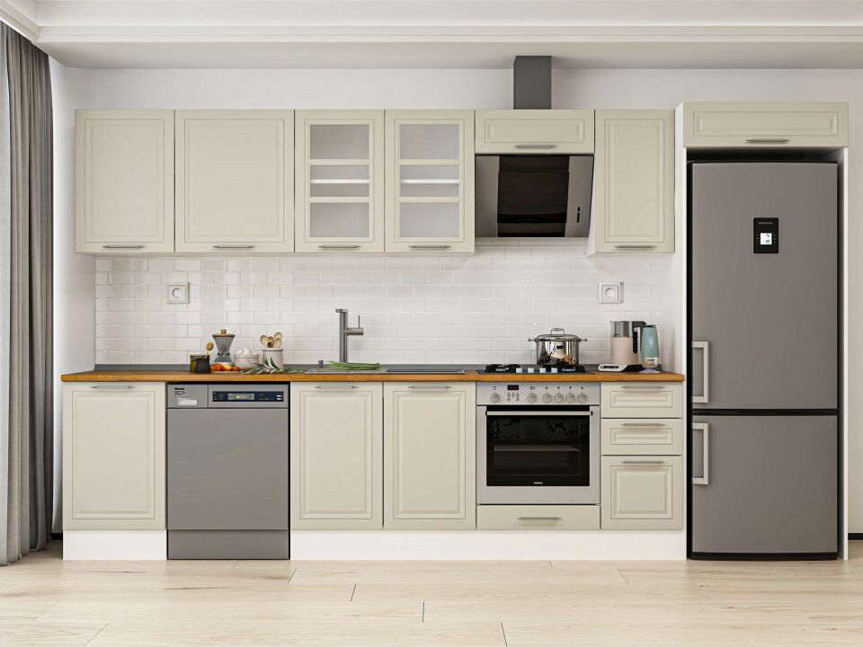 Alvinka 370X222 Cm Klasik Mebran Mutfak Dolabı Mb-E80S50S40-3 Mebran | Kumtaşı - Mdf