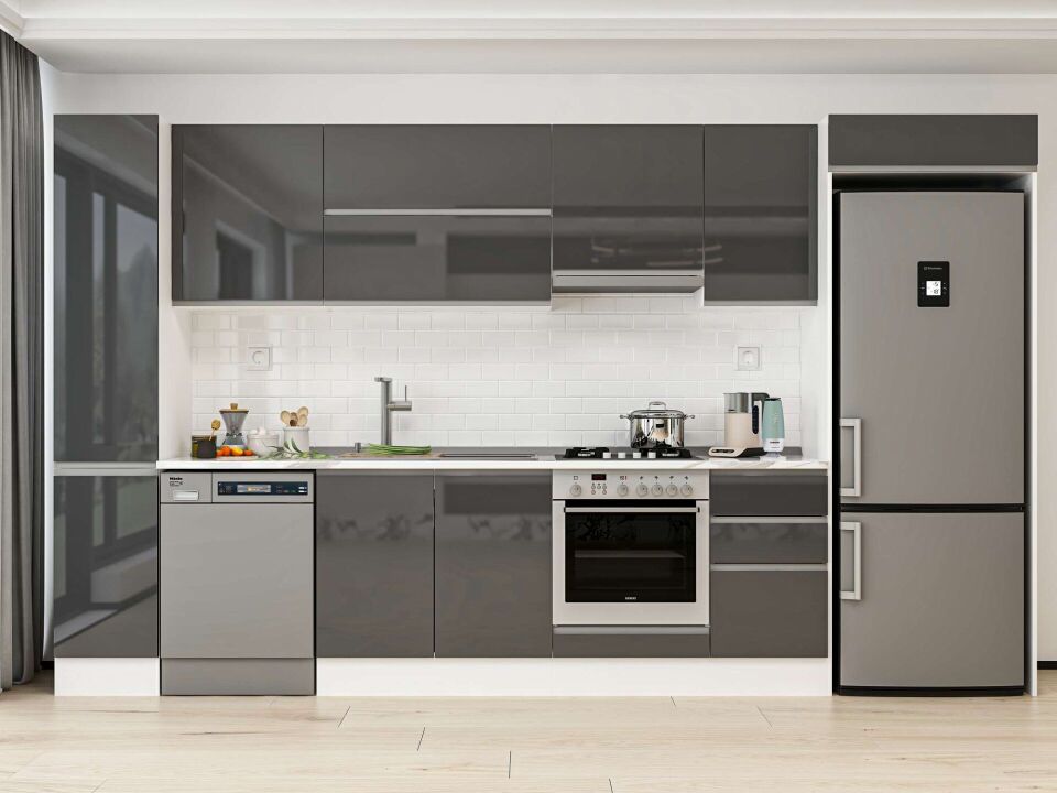 Alvinka 375X222 Cm High Gloss Mutfak Dolabı Mbb-E90B40S45-1 High Gloss | Antrasit - Mdf