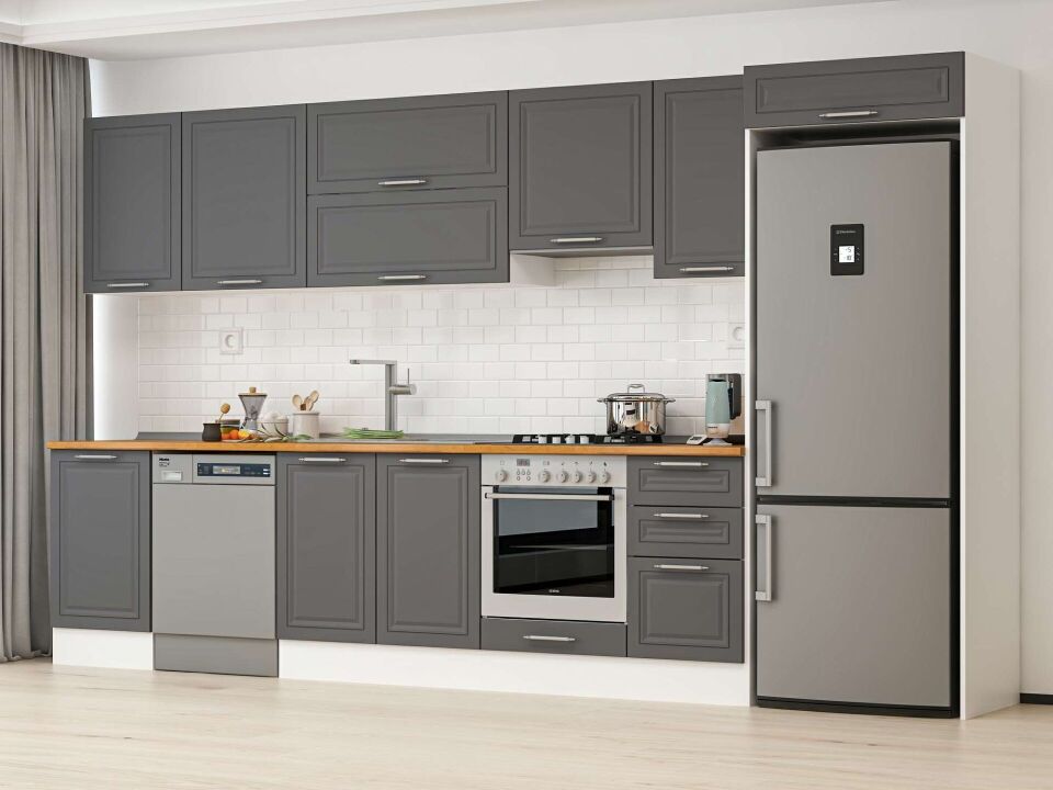Alvinka 375X222 Cm Klasik Mebran Mutfak Dolabı Mb-E80S50S45-1 Mebran | Antrasit - Suntalam