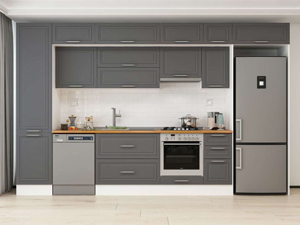 Alvinka 380X240 Cm Klasik Mebran Mutfak Dolabı Mbb-E90B50S40-1 Mebran | Antrasit - Mdf