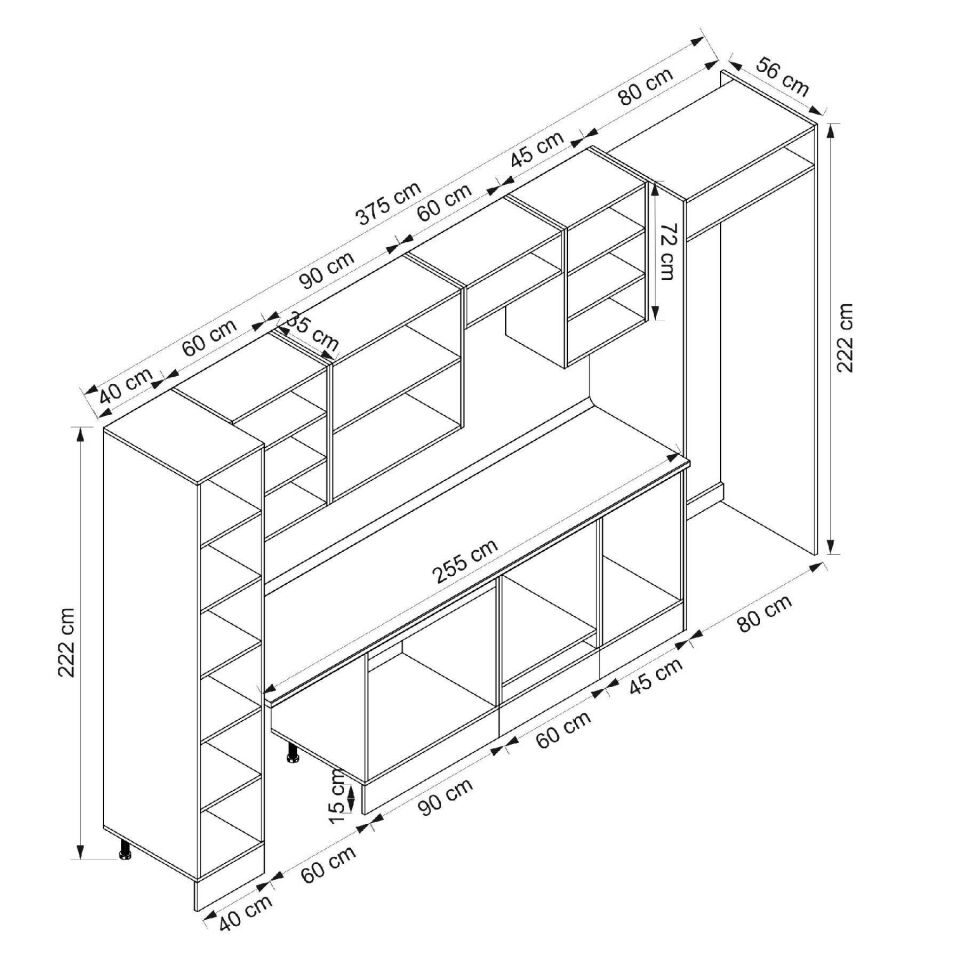 Alvinka 375X222 Cm High Gloss Mutfak Dolabı Mbb-E90B40S45-2 High Gloss | Beyaz - Mdf