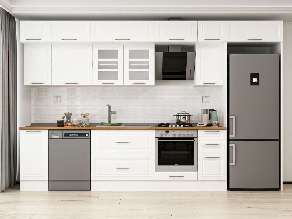 Alvinka 360X240 Cm Klasik Mebran Mutfak Dolabı Mb-E80S40S40-3 Mebran | Beyaz - Mdf