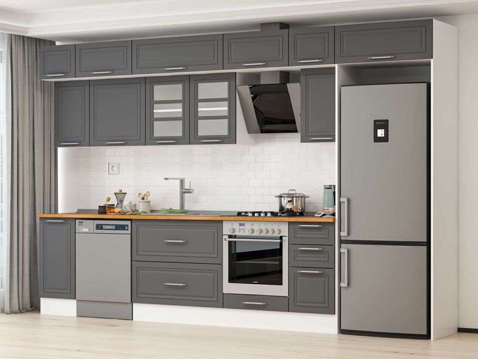 Alvinka 360X240 Cm Klasik Mebran Mutfak Dolabı Mb-E80S40S40-3 Mebran | Antrasit - Mdf