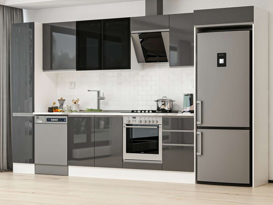 Alvinka 375X222 Cm High Gloss Mutfak Dolabı Mbb-E90B40S45-3 High Gloss | Antrasit - Mdf