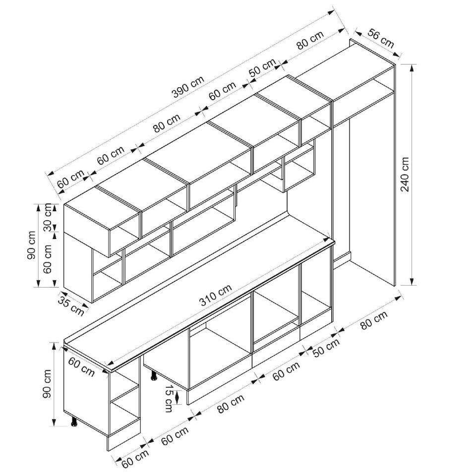 Alvinka 390X240 Cm Klasik Mebran Mutfak Dolabı Beyaz Beyaz Mb-E80S60S50-1
