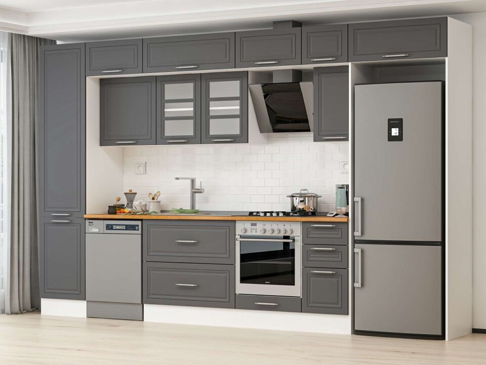 Alvinka 380X240 Cm Klasik Mebran Mutfak Dolabı Mbb-E90B50S40-3 Mebran | Antrasit - Suntalam