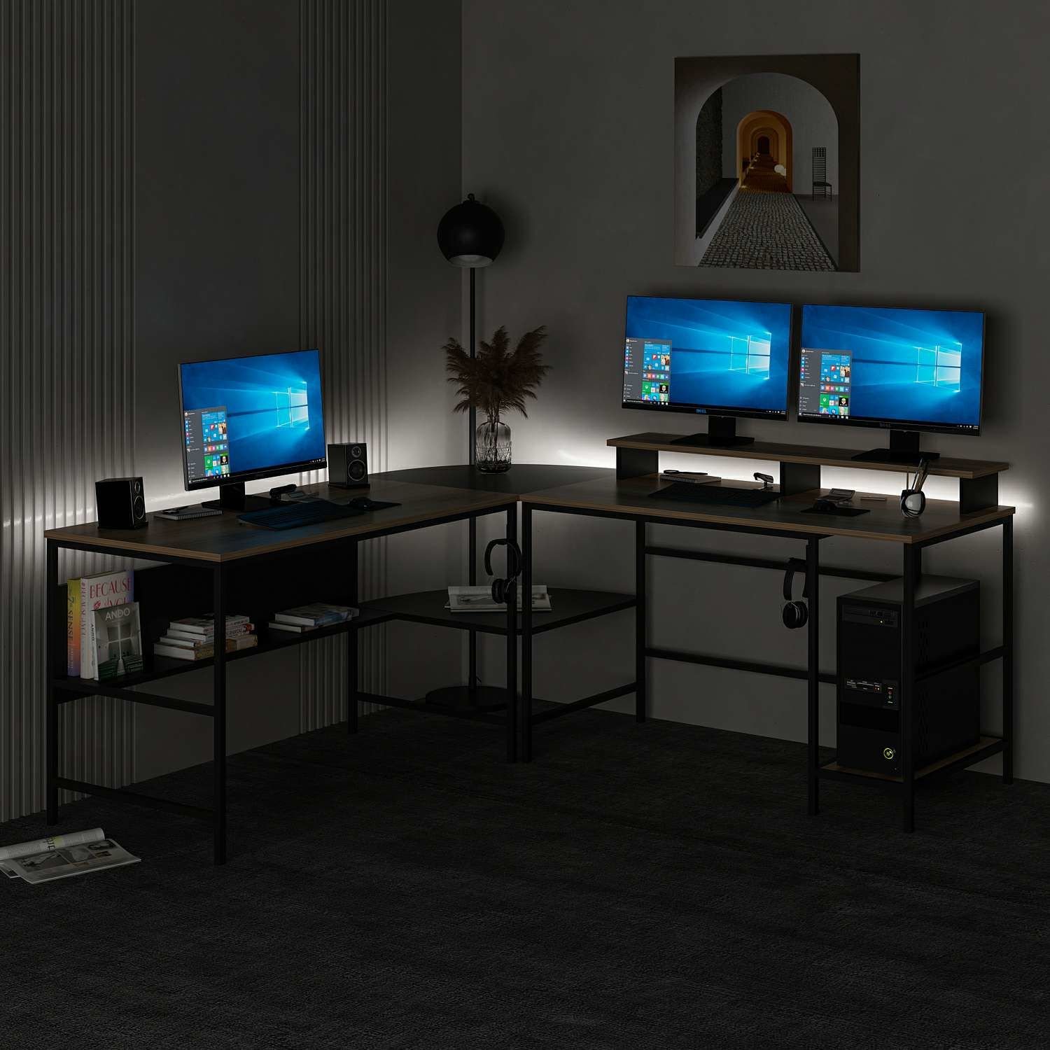 Minar Greta RGB Led Işıklı L Köşe Çalışma Masası - Dore/Siyah