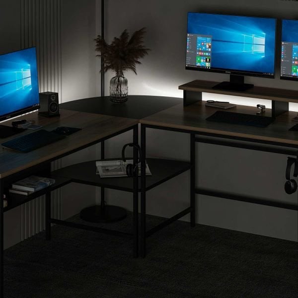 Minar Greta RGB Led Işıklı L Köşe Çalışma Masası - Dore/Siyah