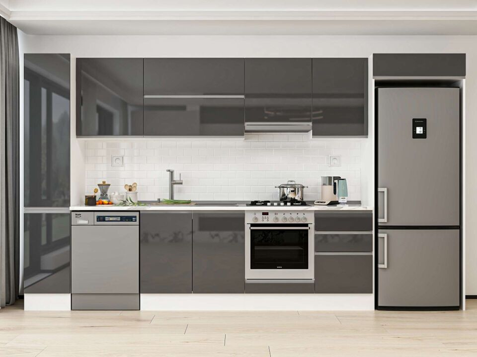 Alvinka 380X222 Cm High Gloss Mutfak Dolabı Mbb-E90B40S50-1 High Gloss | Antrasit - Mdf