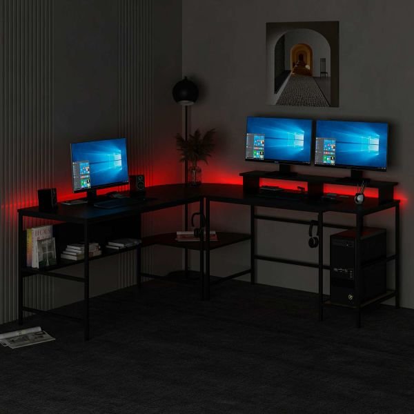 Minar Greta RGB Led Işıklı L Köşe Çalışma Masası - Siyah