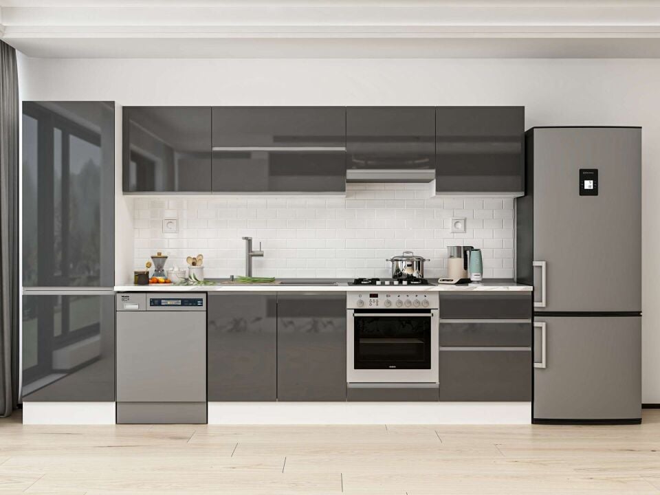Alvinka 320X210 Cm High Gloss Mutfak Dolabı Mb-E80B60S60-1 High Gloss | Antrasit - Mdf