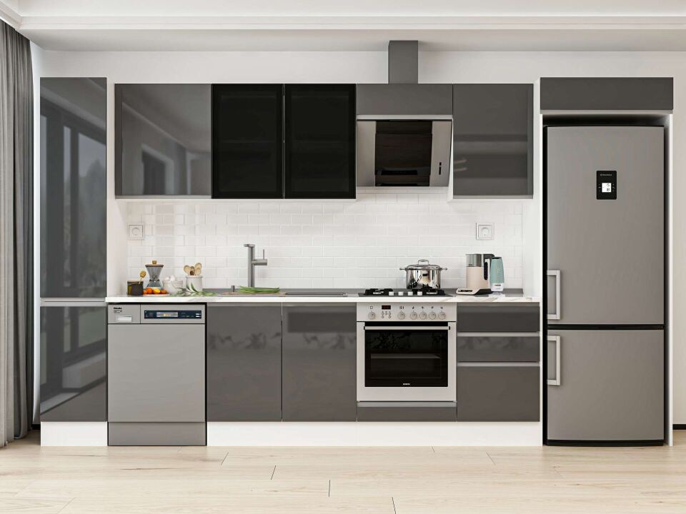 Alvinka 380X222 Cm High Gloss Mutfak Dolabı Mbb-E90B40S50-3 High Gloss | Antrasit - Mdf