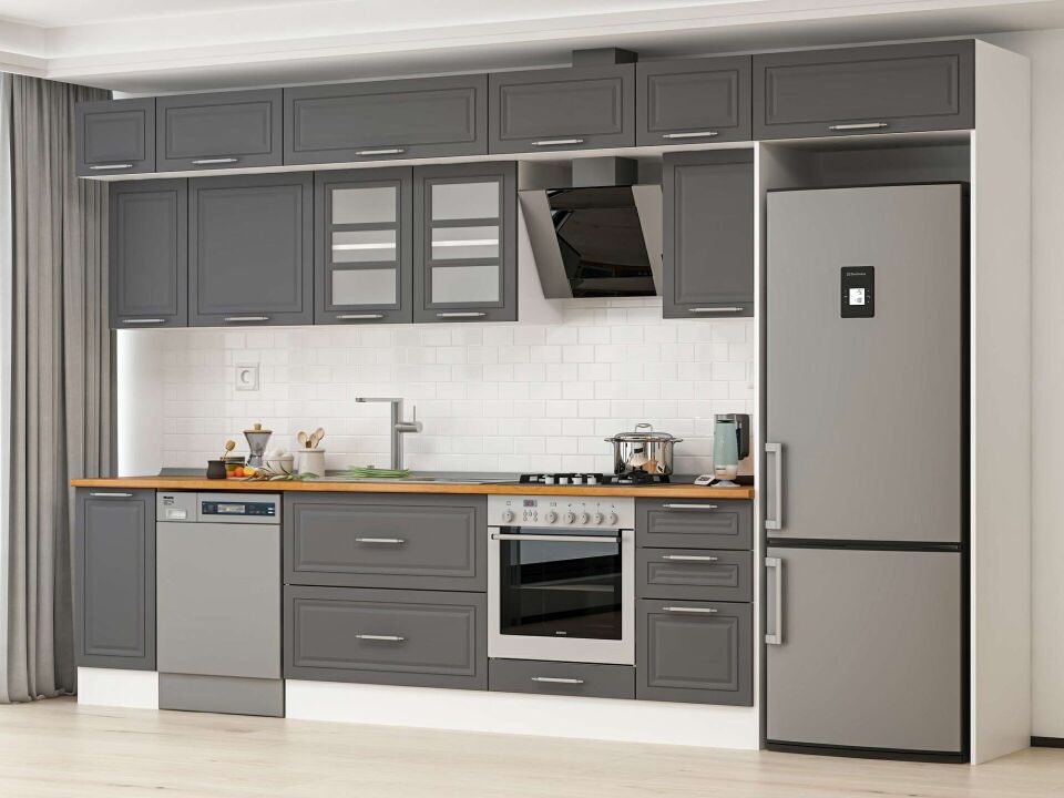 Alvinka 365X240 Cm Klasik Mebran Mutfak Dolabı Mb-E80S40S45-3 Mebran | Antrasit - Suntalam