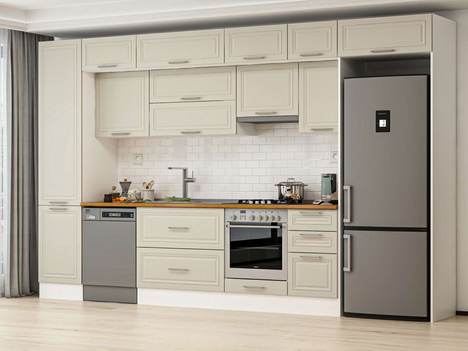 Alvinka 385X240 Cm Klasik Mebran Mutfak Dolabı Mbb-E90B50S45-1 Mebran | Kumtaşı - Mdf