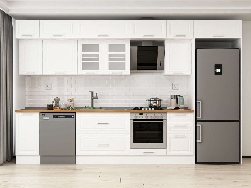 Alvinka 365X240 Cm Klasik Mebran Mutfak Dolabı Mb-E80S40S45-3 Mebran | Beyaz - Mdf