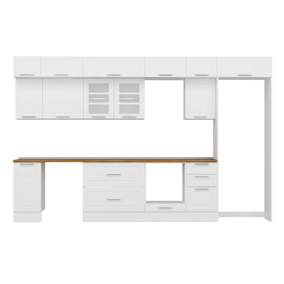 Alvinka 365X240 Cm Klasik Mebran Mutfak Dolabı Mb-E80S40S45-3 Mebran | Beyaz - Mdf