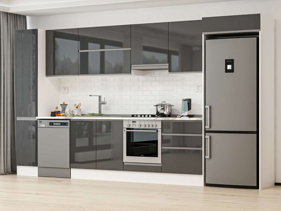 Alvinka 390X222 Cm High Gloss Mutfak Dolabı Mbb-E90B40S60-1 High Gloss | Antrasit - Mdf