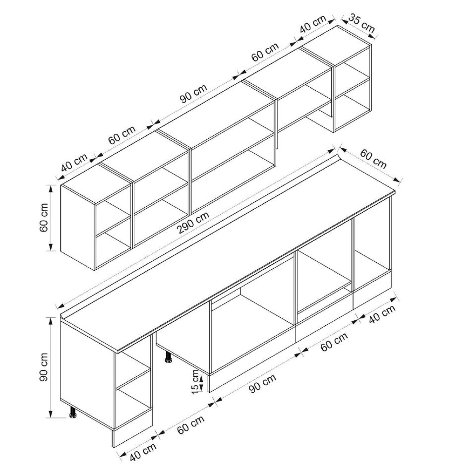 Alvinka 290X210 Cm High Gloss Mutfak Dolabı M-E90S40S40-1 High Gloss | Antrasit - Mdf